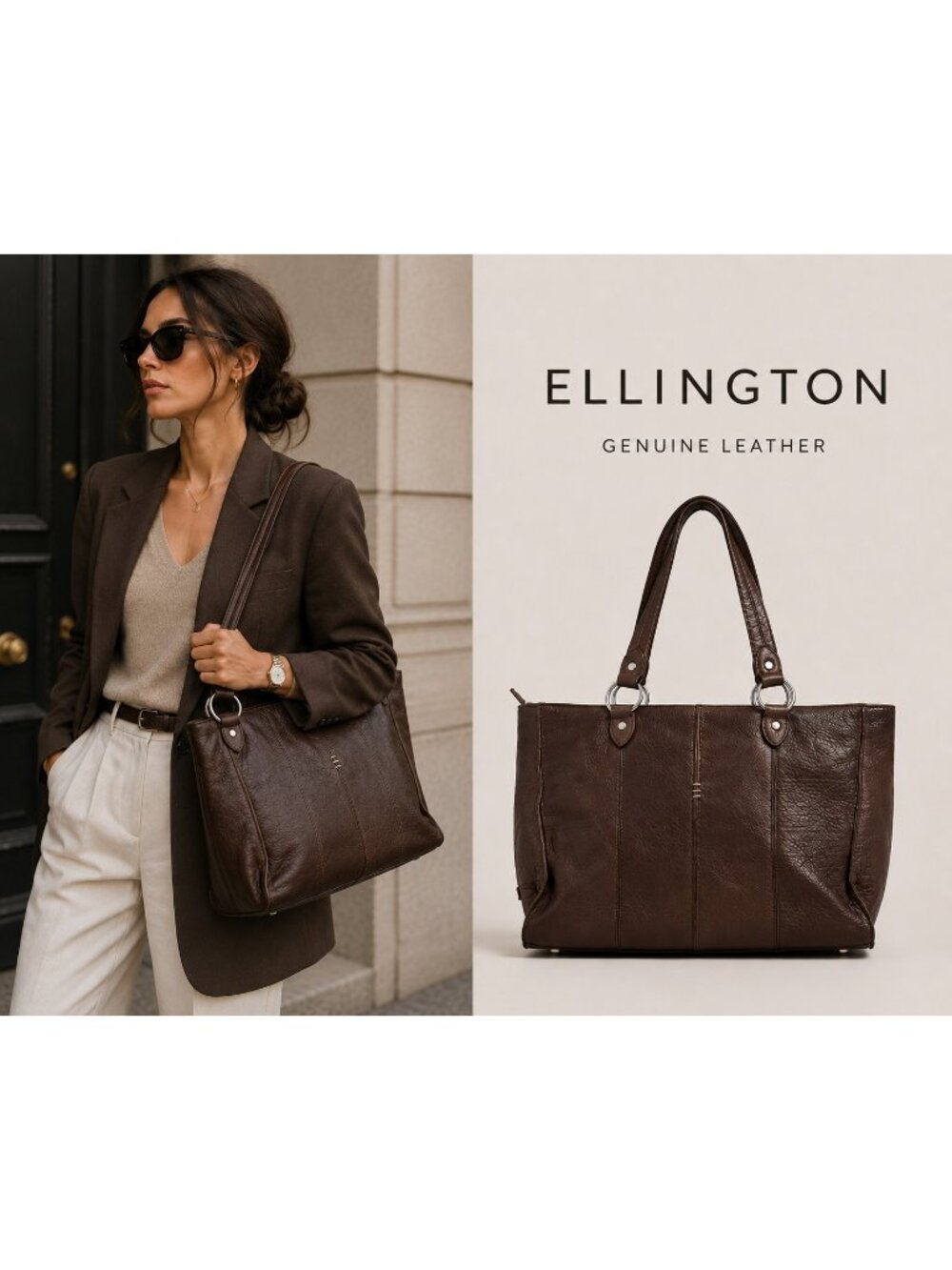 Ellington Brown Pebbled Leather Large Tote Shoulder Bag Classic Work Everyday